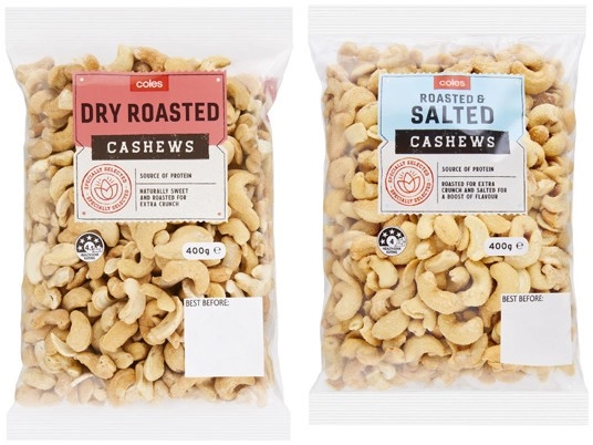 Coles Dry Roasted, Natural, Honey or Roasted & Salted Cashews 400g Pack