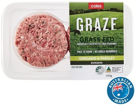 Coles GRAZE Grass Fed Beef Burgers with Oregano & Fresh Parsley 500g