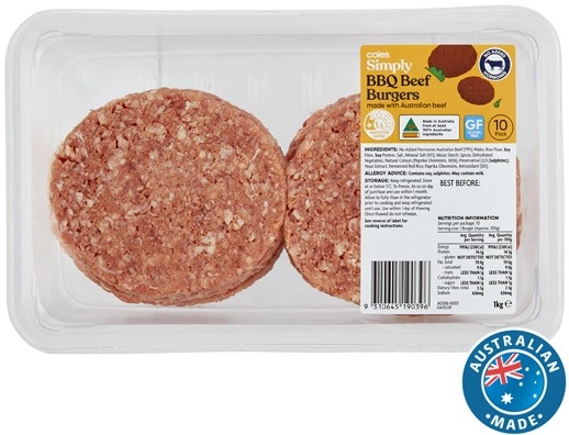 Coles Simply BBQ Beef Burgers 10 Pack 1kg