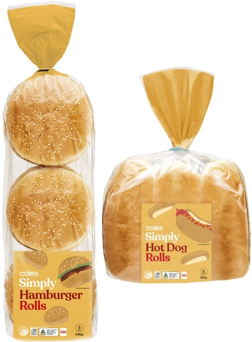 Coles Simply Hamburger Rolls 6 Pack 540g or Hot Dog Rolls 6 Pack 450g