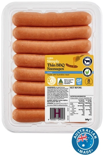 Coles Simply Thin BBQ Honey Sausages 8 Pack 560g