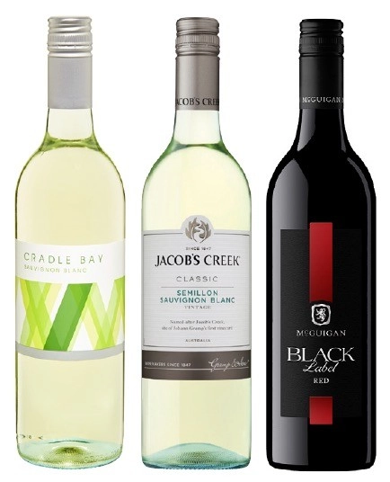 Cradle Bay Sauvignon Blanc, Jacob’s Creek Semillon Sauvignon Blanc or McGuigan Black Label Red Blend