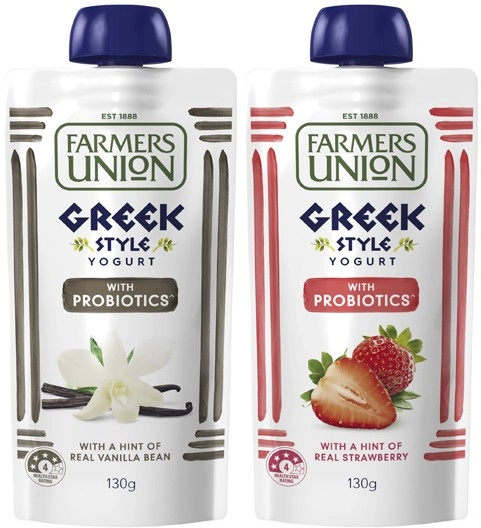 Farmers Union Greek Style or No Added Sugar Kids Yogurt Pouch 130g