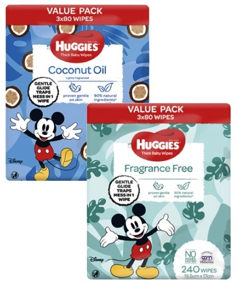 Huggies Baby Wipes Fragrance Free, Coconut Oil 240 Pack or Water Wipes 216 Pack