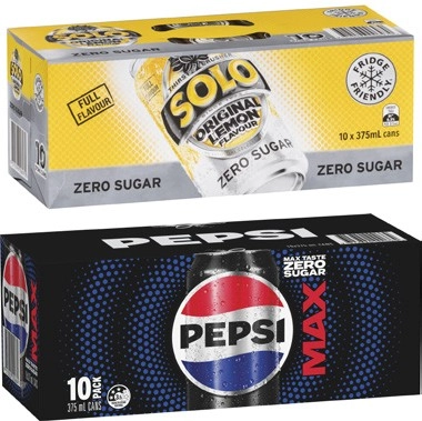 Pepsi, Solo or Schweppes Soft Drink 10x375mL