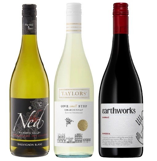 The Ned Marlborough Sauvignon Blanc, Taylors One Small Step Chardonnay or Earthworks Shiraz