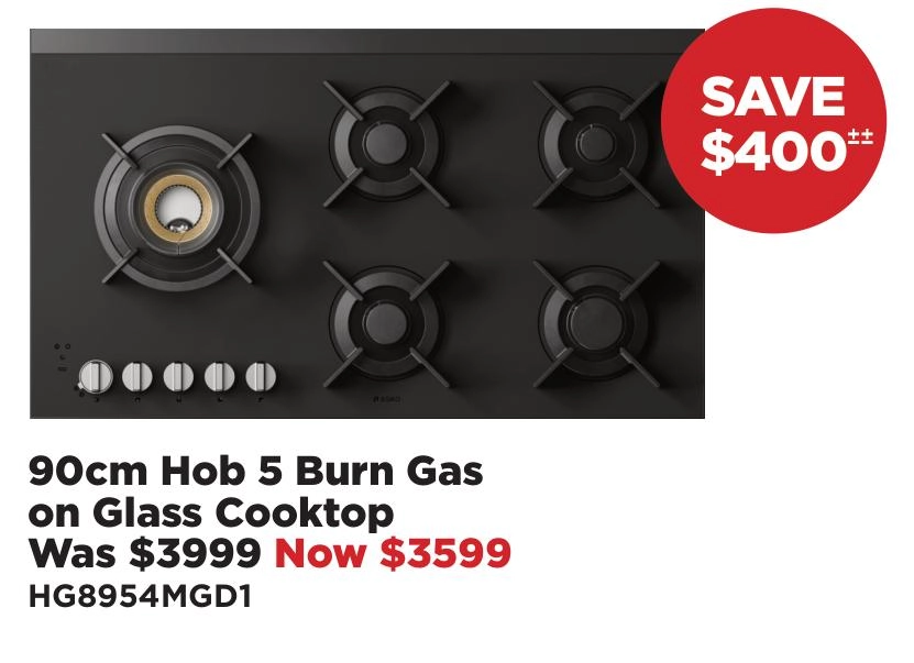 Asko 90cm Hob 5 Burn Gas on Glass Cooktop