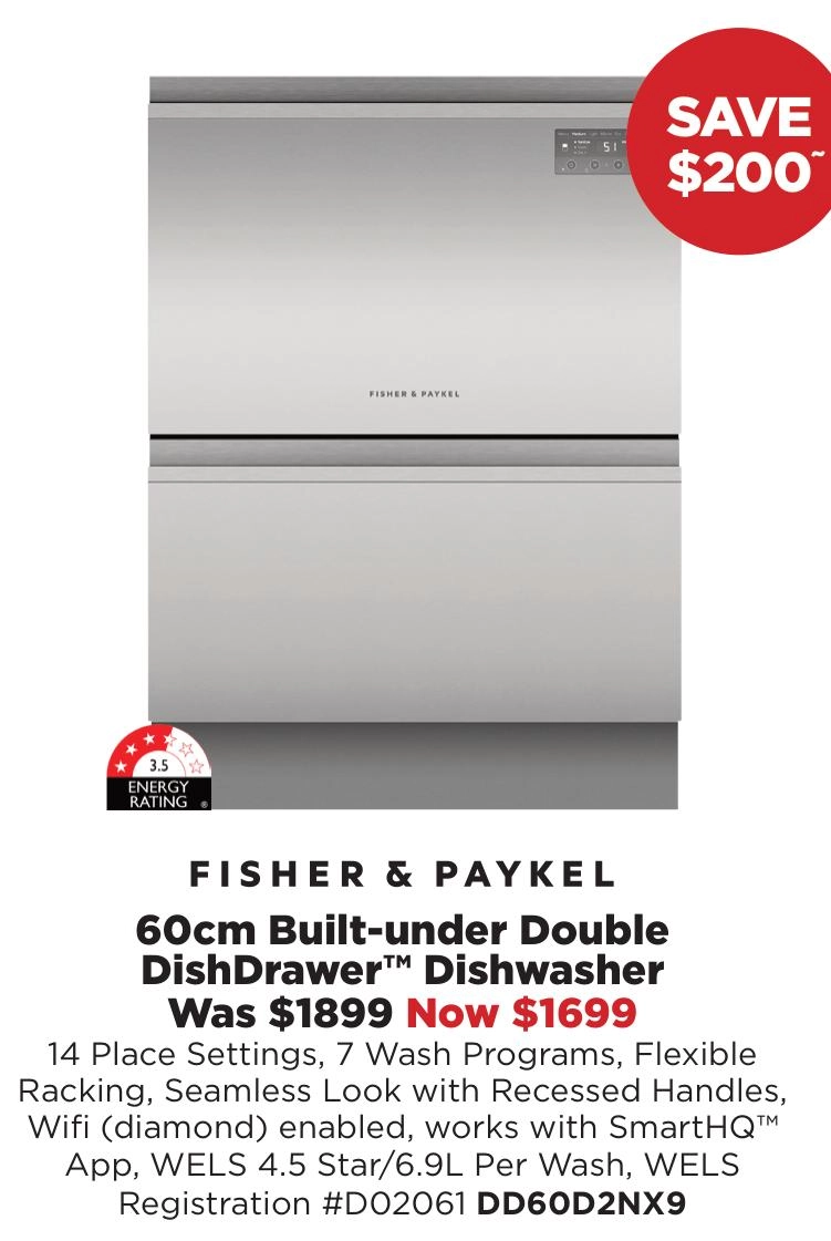 Fisher & Paykel 60cm Built-under Double DishDrawer™ Dishwasher