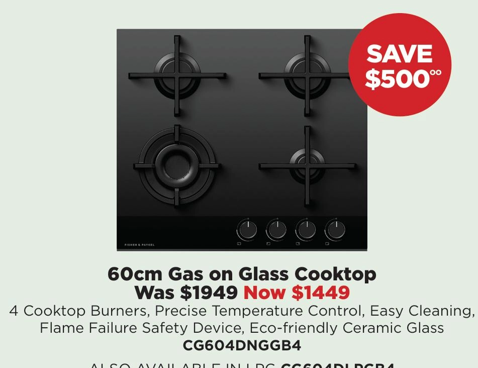 Fisher & Paykel 60cm Gas on Glass Cooktop