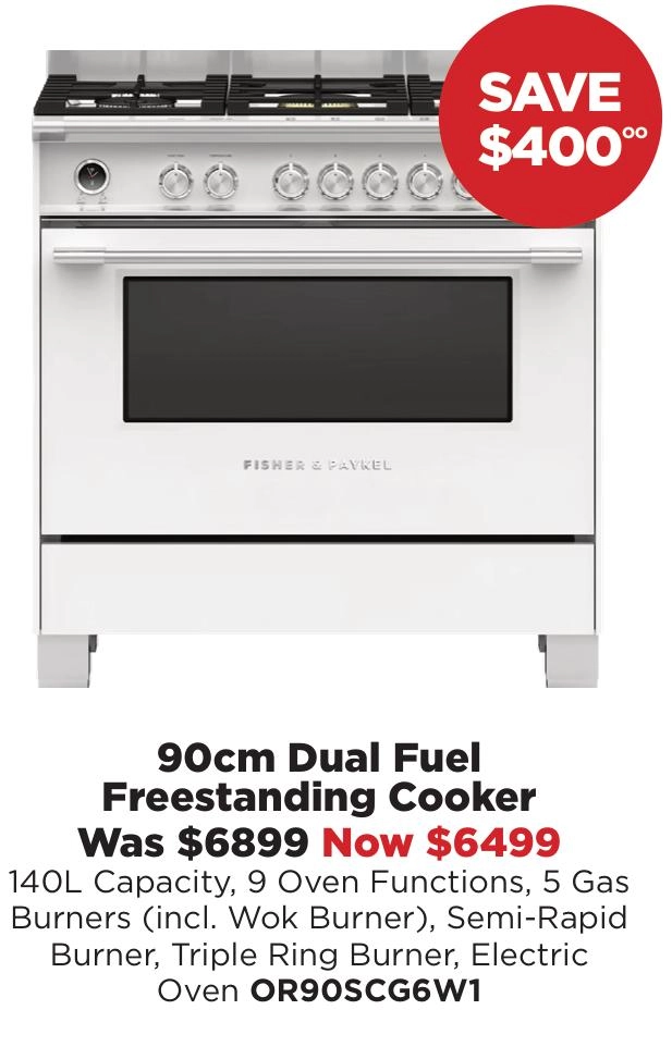 Fisher & Paykel 90cm Dual Fuel Freestanding Cooker