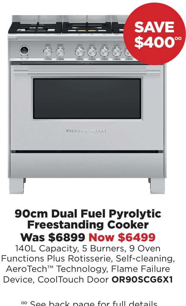 Fisher & Paykel 90cm Dual Fuel Pyrolytic Freestanding Cooker