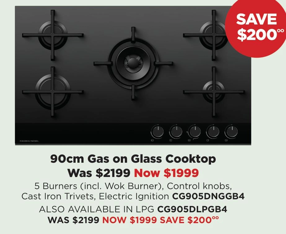 Fisher & Paykel 90cm Gas on Glass Cooktop