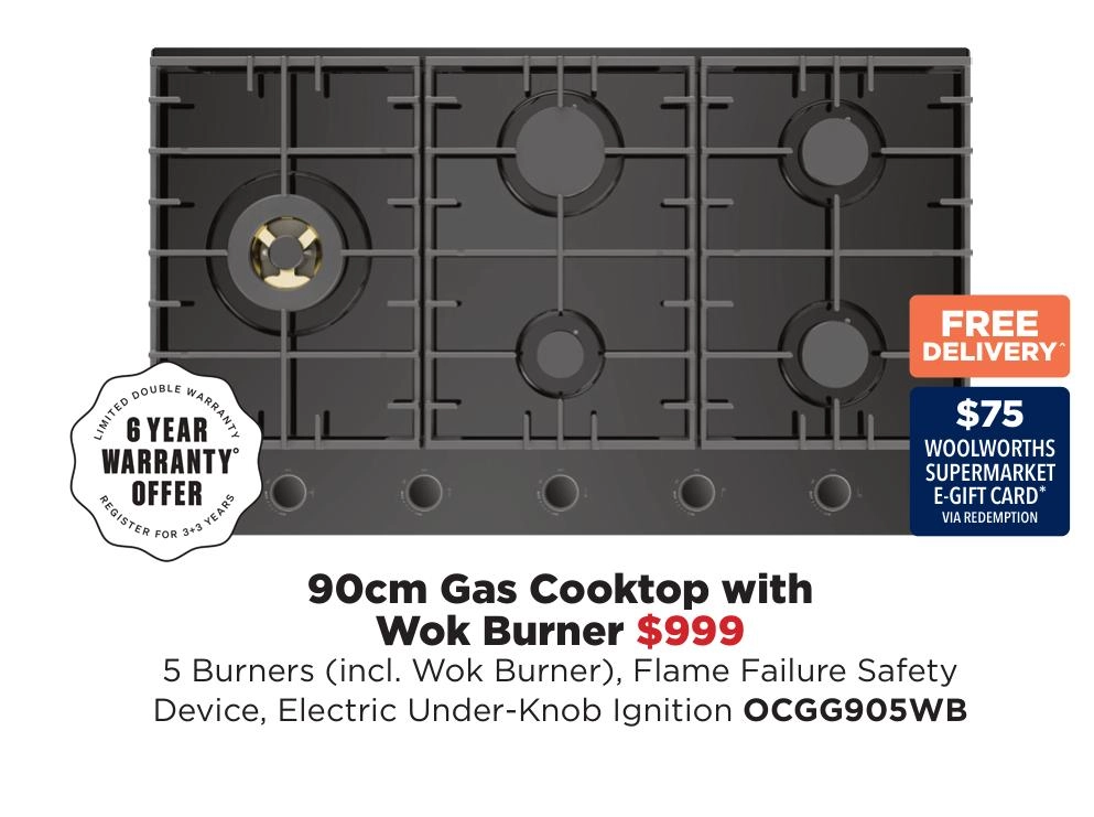 Omega 90cm Gas Cooktop with Wok Burner