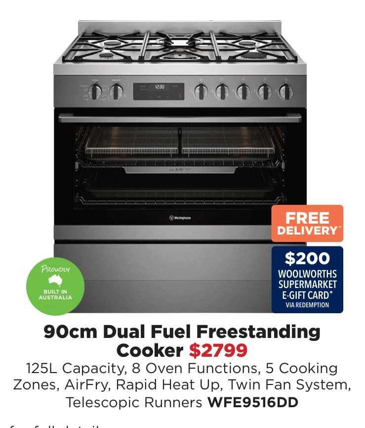 Westinghouse 90cm Dual Fuel Freestanding Cooker