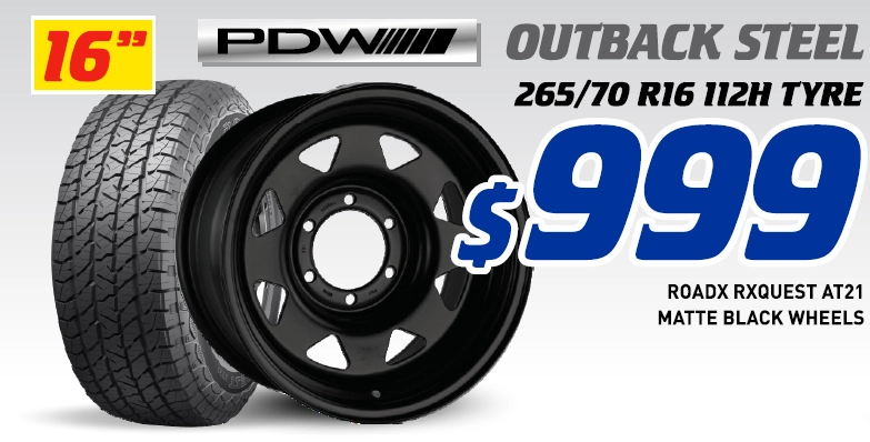 16" 4 Wheel & 4 Tyre Packages - PDW Outback Steel Wheels RoadX Rxquest AT21