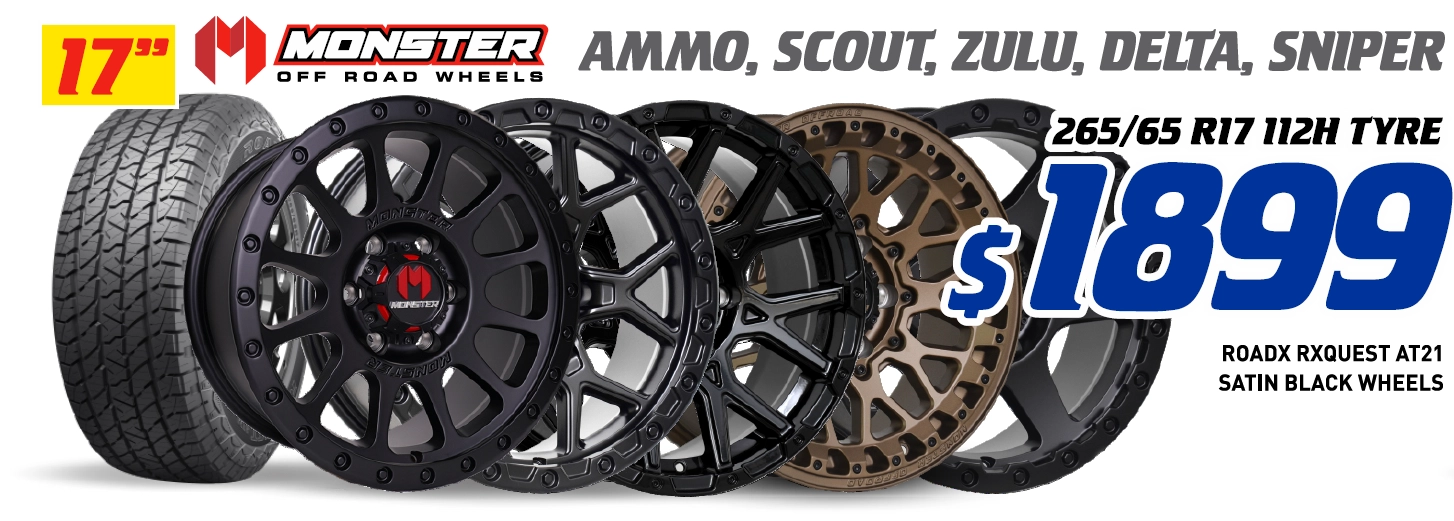 17" 4 Wheel & 4 Tyre Packages - Monster Ammo, Scout, Zulu, Delta, Sniper RoadX Rxquest AT21