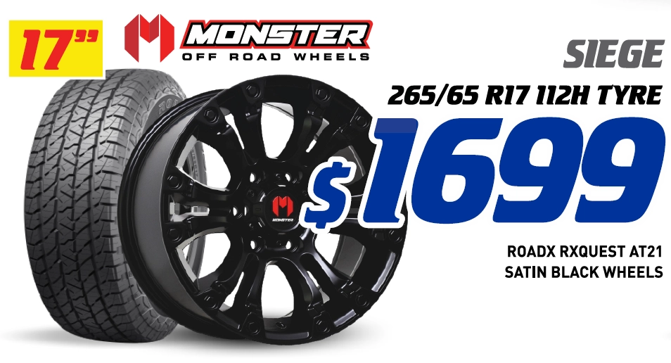 17" 4 Wheel & 4 Tyre Packages - Monster Siege RoadX Rxquest AT21