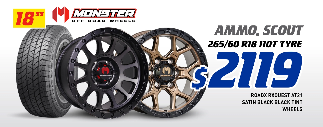 18" 4 Wheel & 4 Tyre Packages - Monster Ammo & Scout RoadX Rxquest AT21