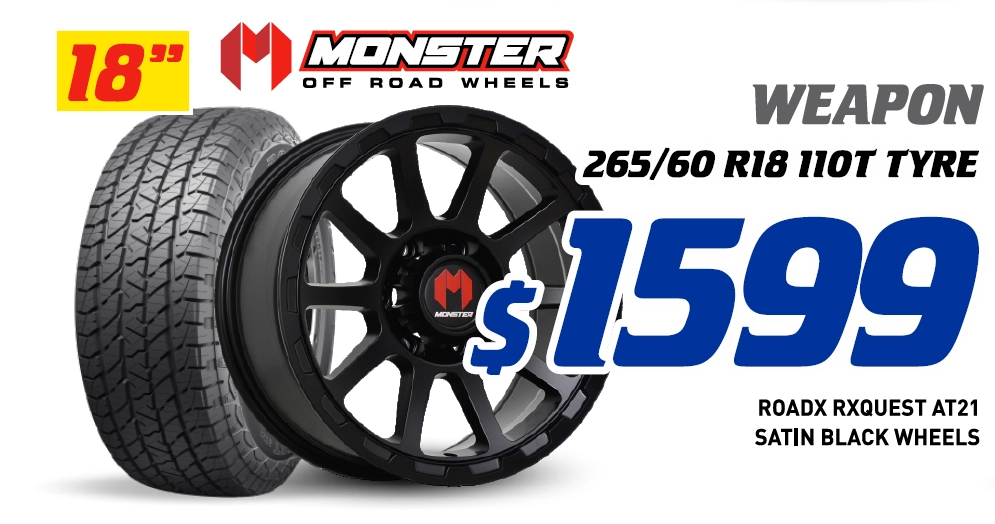 18" 4 Wheel & 4 Tyre Packages - Monster Weapon RoadX Rxquest AT21