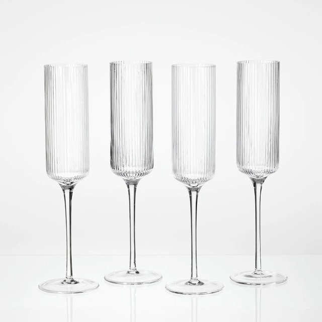 Mila Ribbed Champagne Crystal Glass Flute Set of 4 by M.U.S.E.