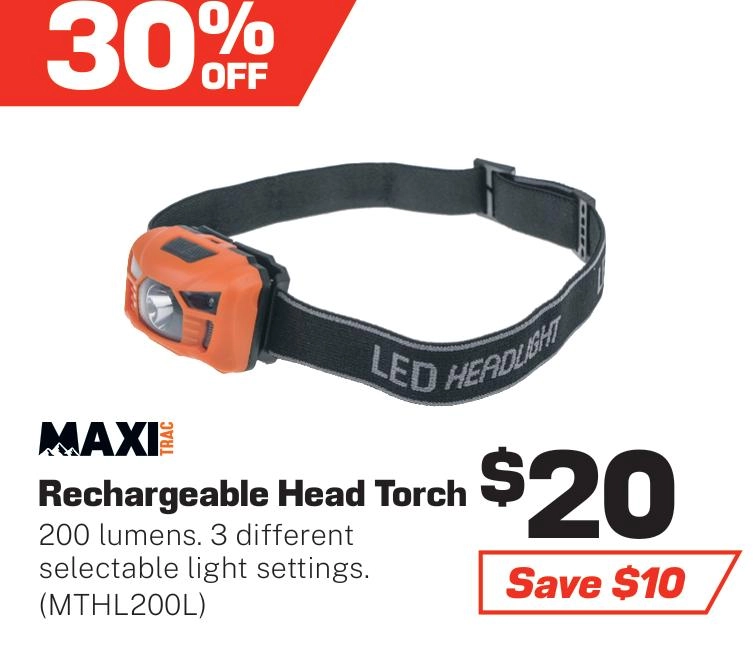 MaxiTrac 200 Lumen Rechargeable Head Torch