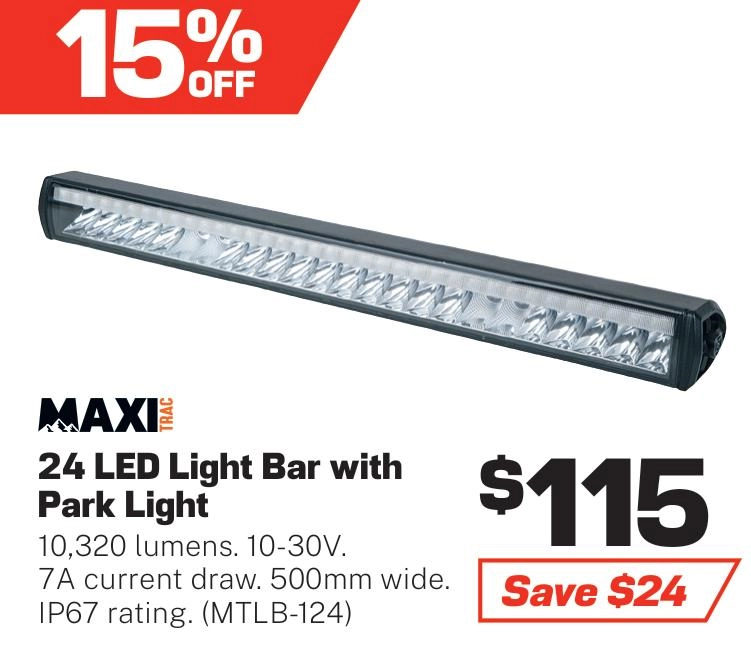 MaxiTrac 24 LED Light Bar, 500mm Long, Integrated Park Light, 10320 Lumens - MTLB-124