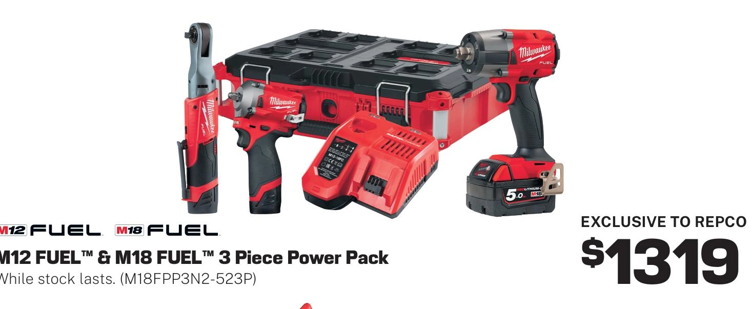 Milwaukee M12 and M18 FUEL 3 Piece Power Pack 3N2 - M18FPP3N2-523P