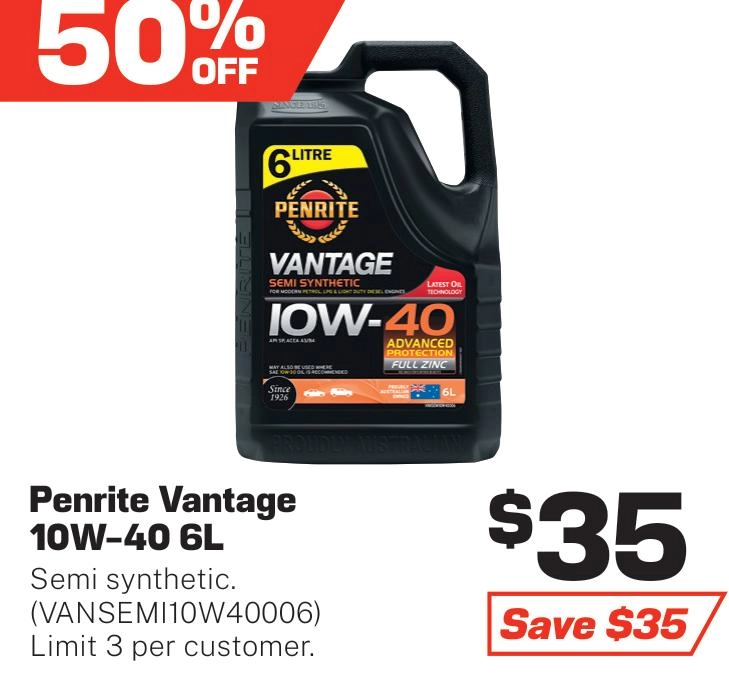 Penrite Vantage Semi Synthetic 10W-40 Engine Oil 6L - VANSEMI10W40006