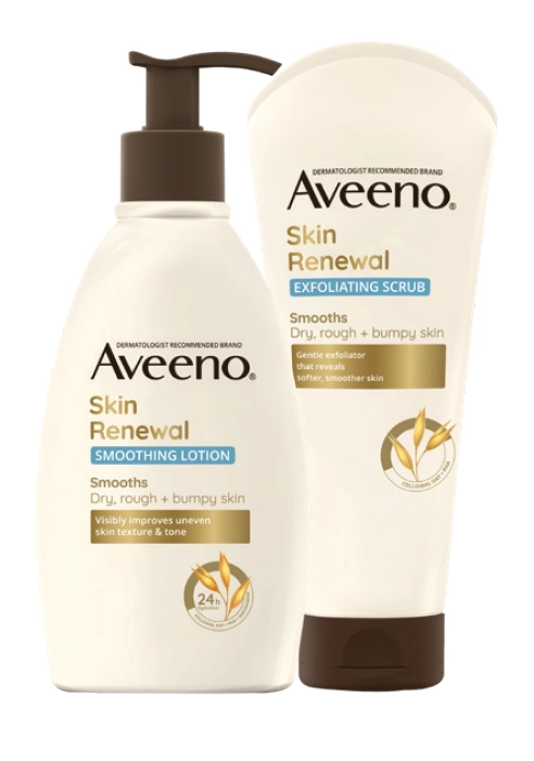 Aveeno Skin Renewal Smoothing Fragrance Free Body Lotion 354ml or Exfoliating Body Scrub for Dry Skin 225g