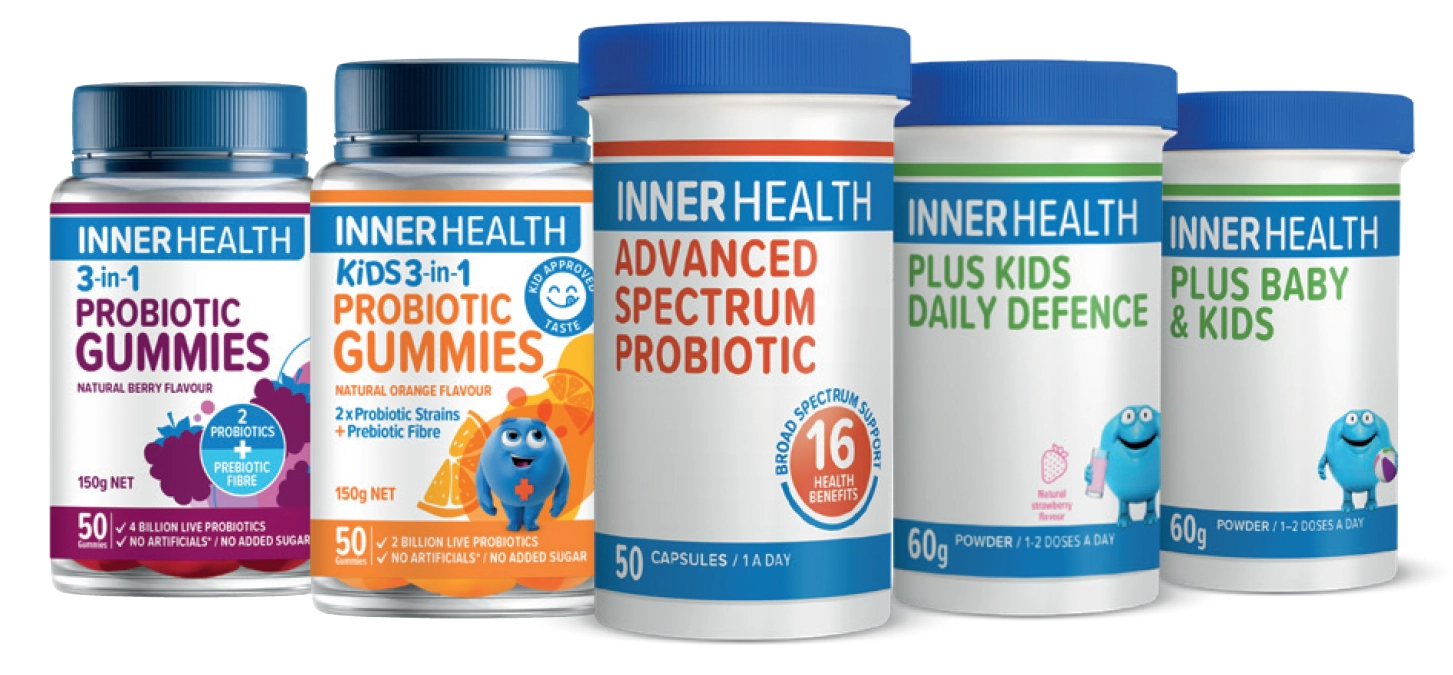 Inner Health 3 in 1 Probiotic Berry or Orange Gummies 50 Pack, Advanced Spectrum Probiotic 50 Capsules, Plus Kids Daily Defence 60g or Plus Baby & Kids 60g Powder