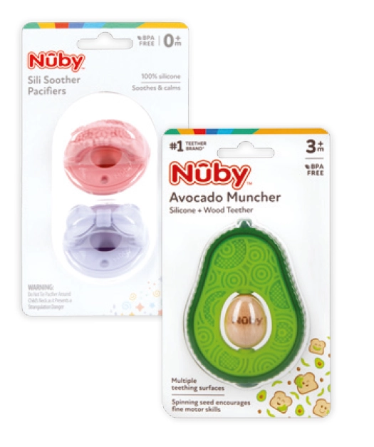 Nûby 3D Silicone Pacifier with Cherry Baglet 2 Pack or Avo Muncher with Wood Spinner