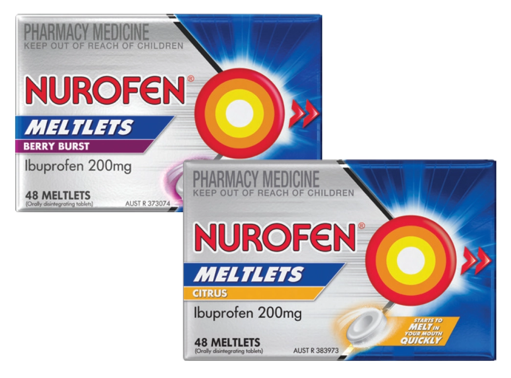 Nurofen Meltlets Pain Relief Berry Burst or Citrus Ibuprofen 200mg 48 Pack