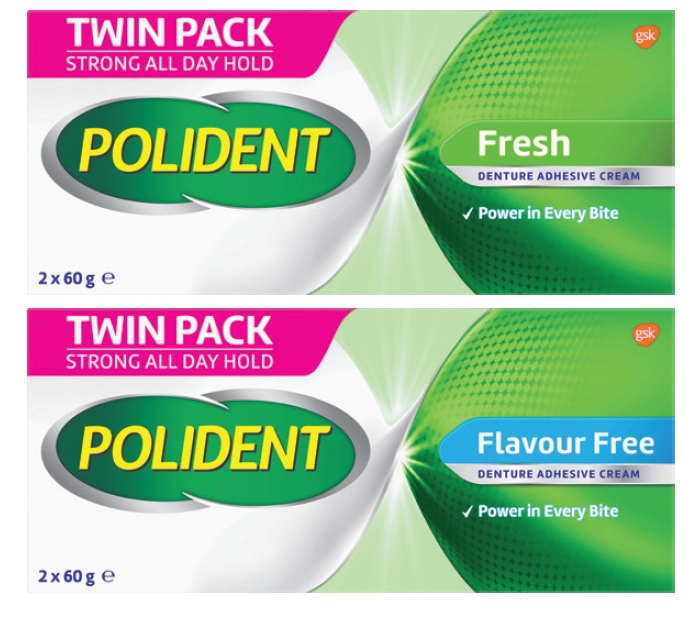 Polident Denture Adhesive Cream Fresh Mint or Flavour Free 2x60g Pack Exclusive Size