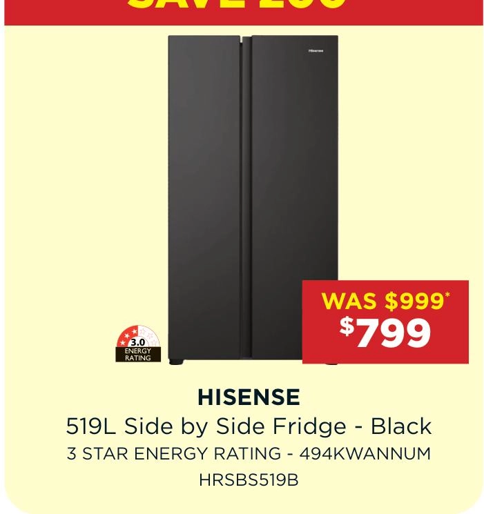 Hisense 519L Side by Side Fridge - Black