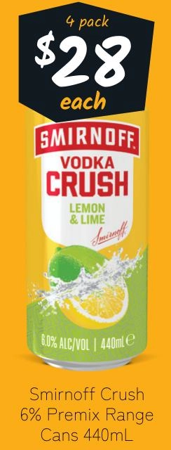 Smirnoff Crush 6% Premix Range Cans 440ml 4 Pack