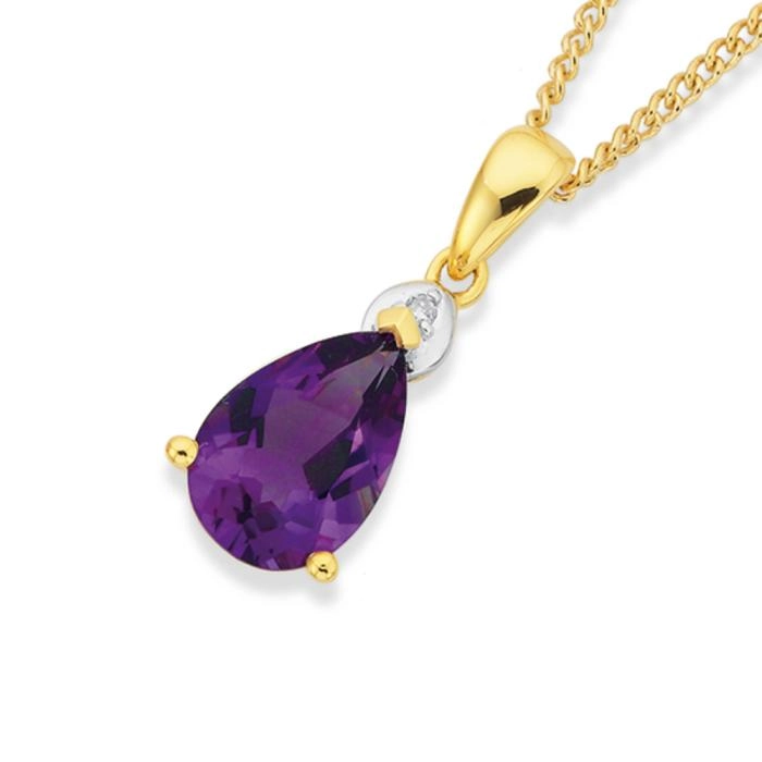 9ct Gold Amethyst & Diamond Pear Pendant