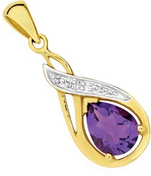 9ct Gold Amethyst & Diamond Pear Swirl Drop Pendant