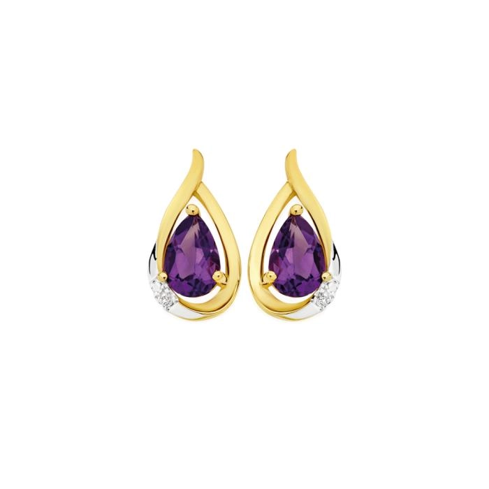 9ct Gold Amethyst & Diamond Tear Drop Stud Earrings