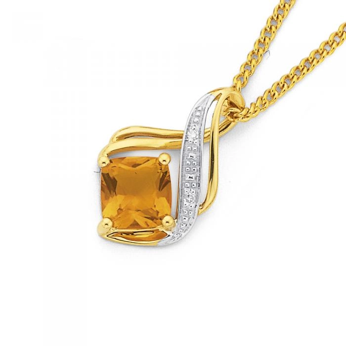 9ct Gold Citrine & Diamond Cushion Swirl Pendant