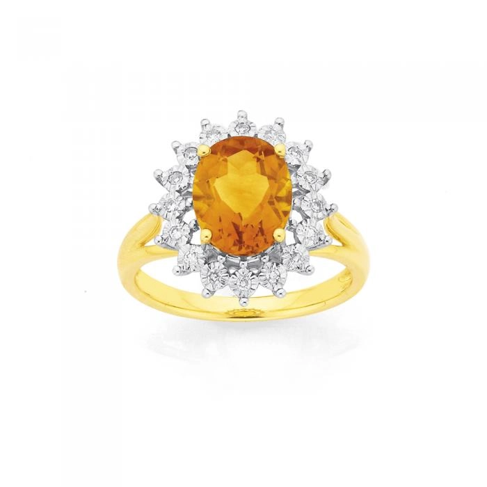 9ct Gold Citrine & Diamond Dress Ring