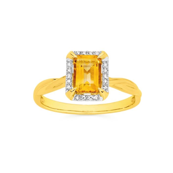 9ct Gold Citrine & Diamond Emerald Cut Ring