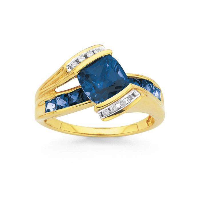 9ct Gold Created Blue Sapphire & Diamond Ring