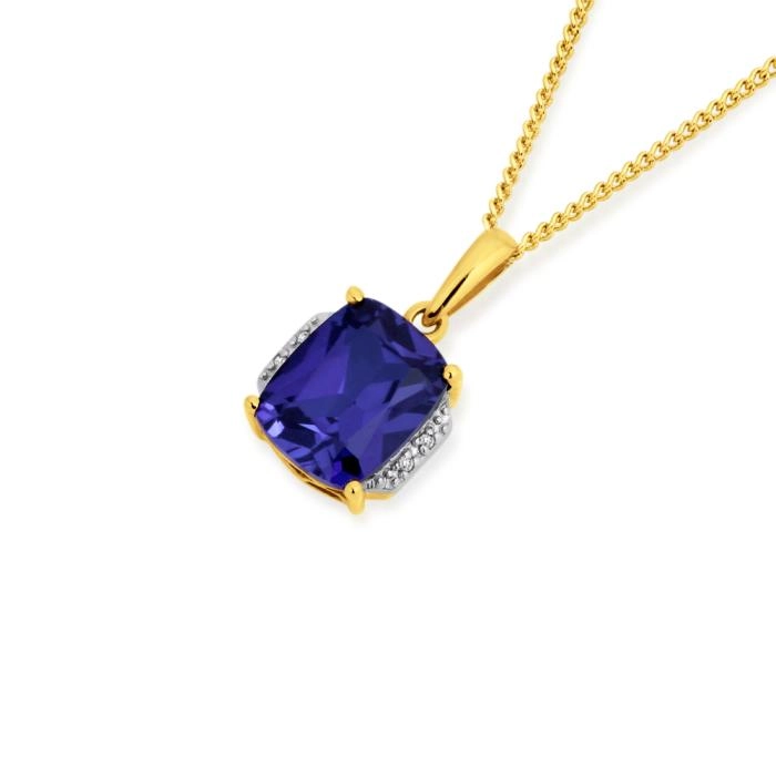 9ct Gold Created Ceylon Sapphire & Diamond Pendant