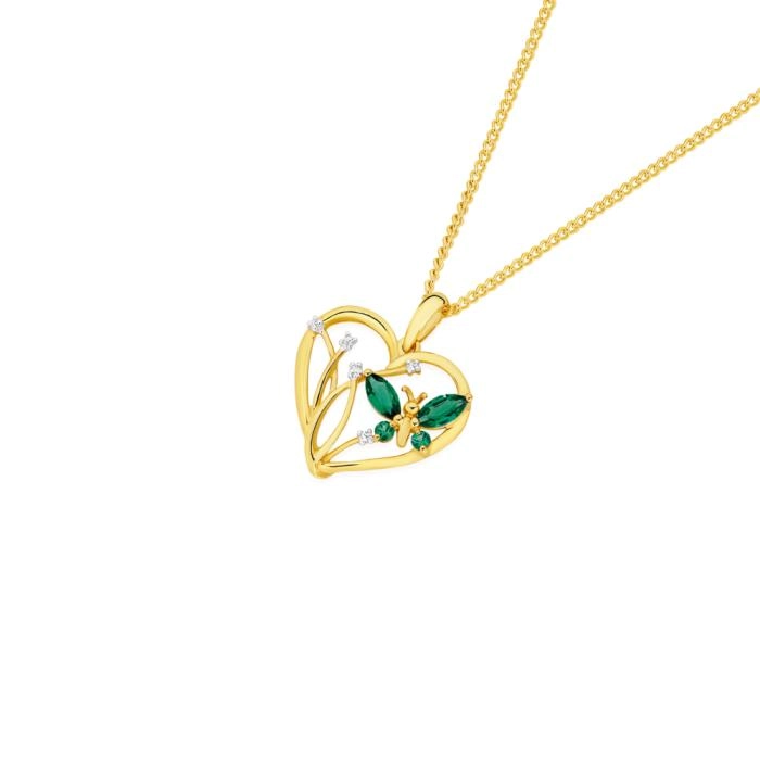 9ct Gold Created Emerald & Diamond Butterfly Heart Pendant