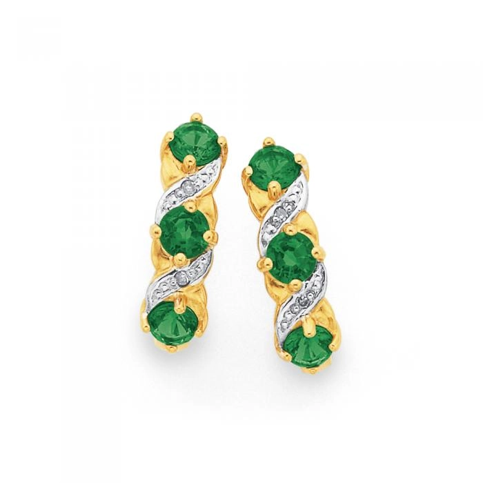 9ct Gold Created Emerald & Diamond Hoop Earrings