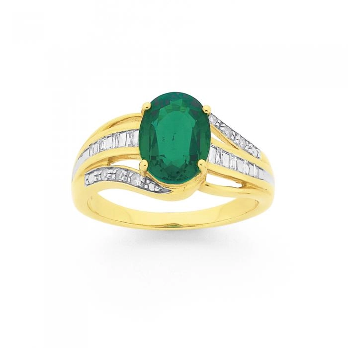 9ct Gold Created Emerald & Diamond Ring