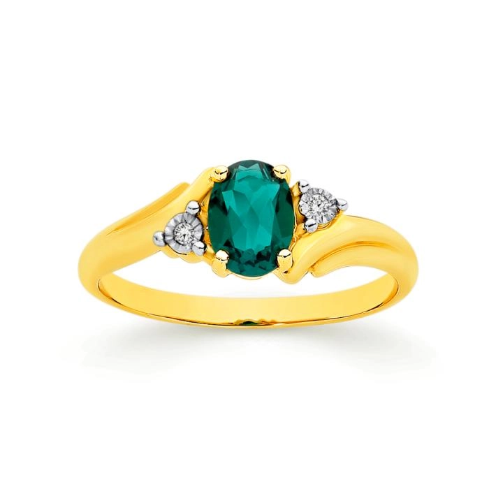 9ct Gold Created Emerald & Diamond Ring