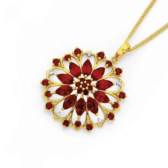 9ct Gold Created Ruby & Diamond Flower Pendant