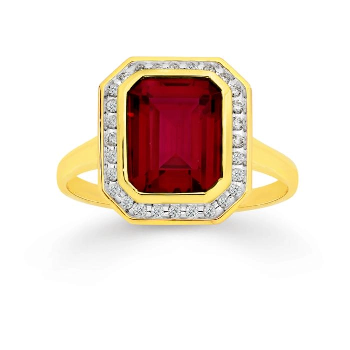 9ct Gold Created Ruby & Diamond Frame Ring