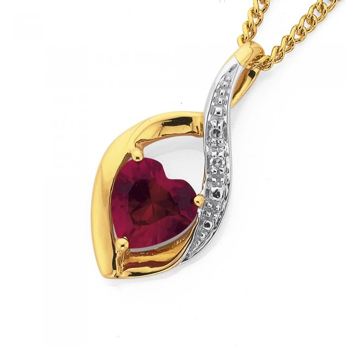 9ct Gold Created Ruby & Diamond Heart Pendant